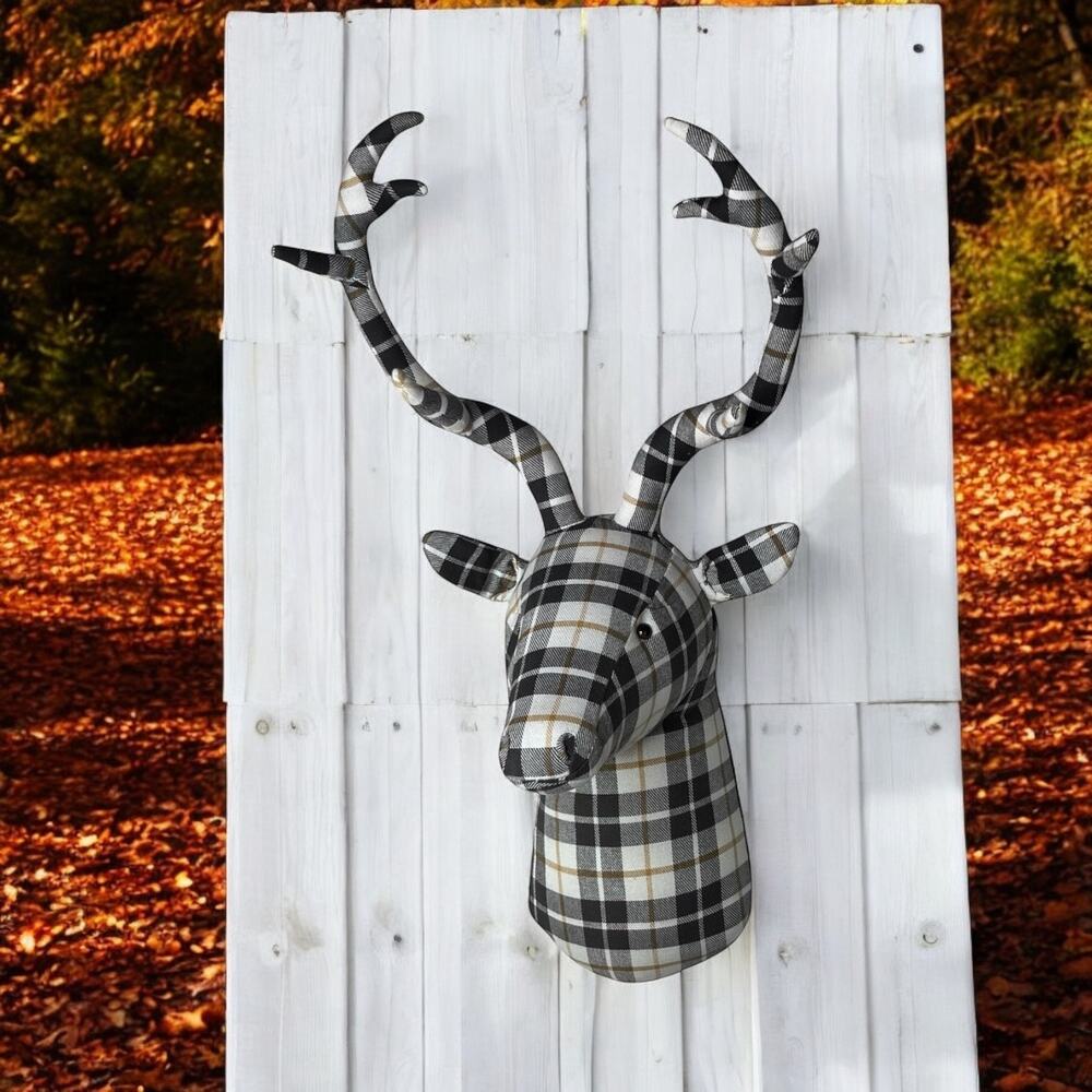 Wall Mounted Fabric Plaid Gray White Deer Stag w Faux Antlers Large 30”x11”x14”